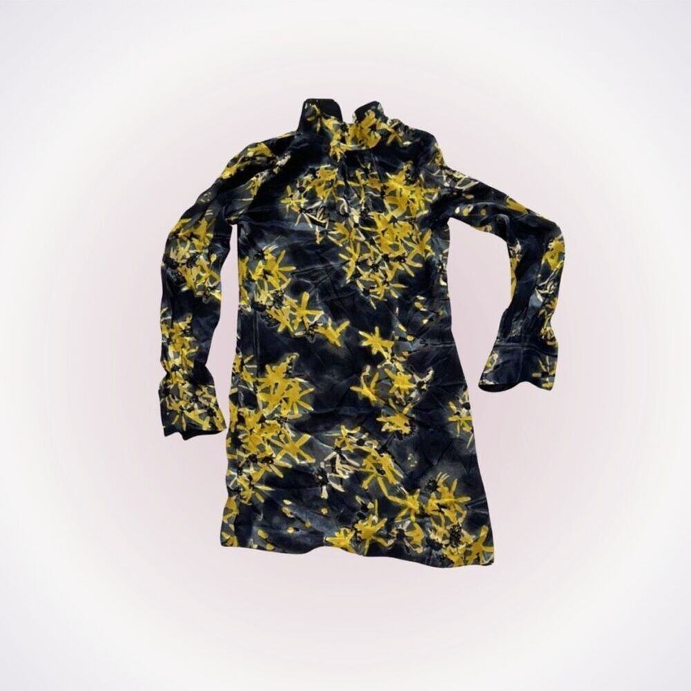 Milly Georgette silk mock turtleneck yellow and black watercolor floral print be